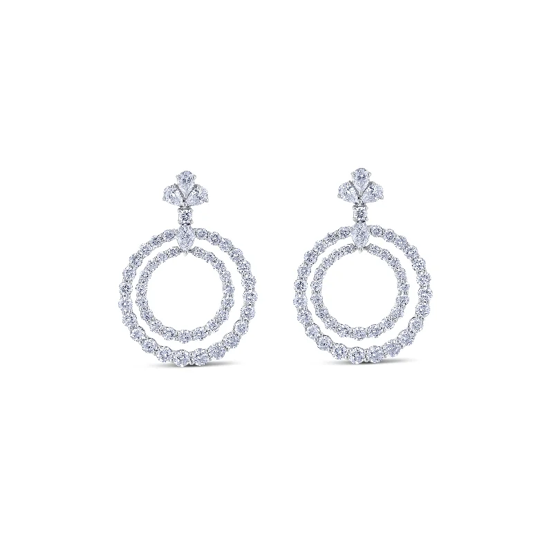 18K White Gold Diamond Double Circle Drop Earrings