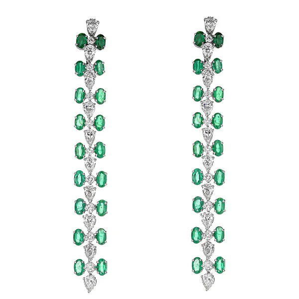 18K White Gold Emerald And Diamond Line Dangle Long Drops