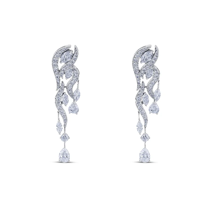 18K White Gold Fire Drop Diamond Dangle Earrings