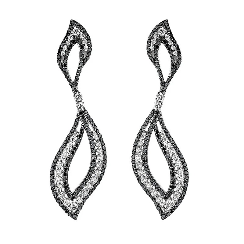 18K Whtie Gold Black & White Diamond Dancing Flame-Drop Earrings