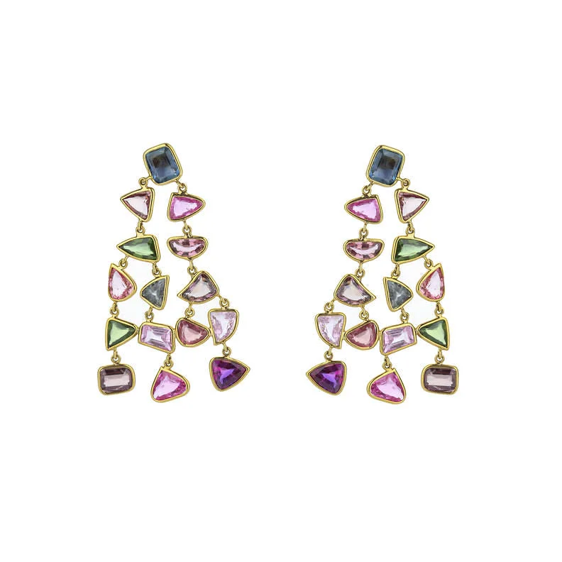 18K Yellow Gold Multicolor Sapphire Drop Earrings