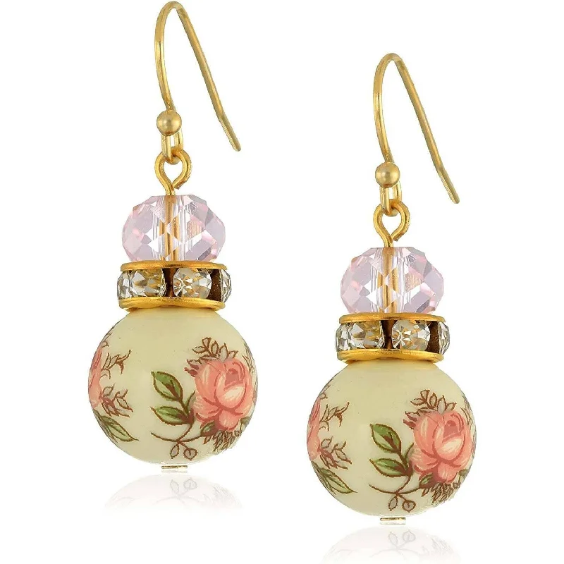 1928 Jewelry Pink Desert Rose Floral Decal Beaded Drop Earrings