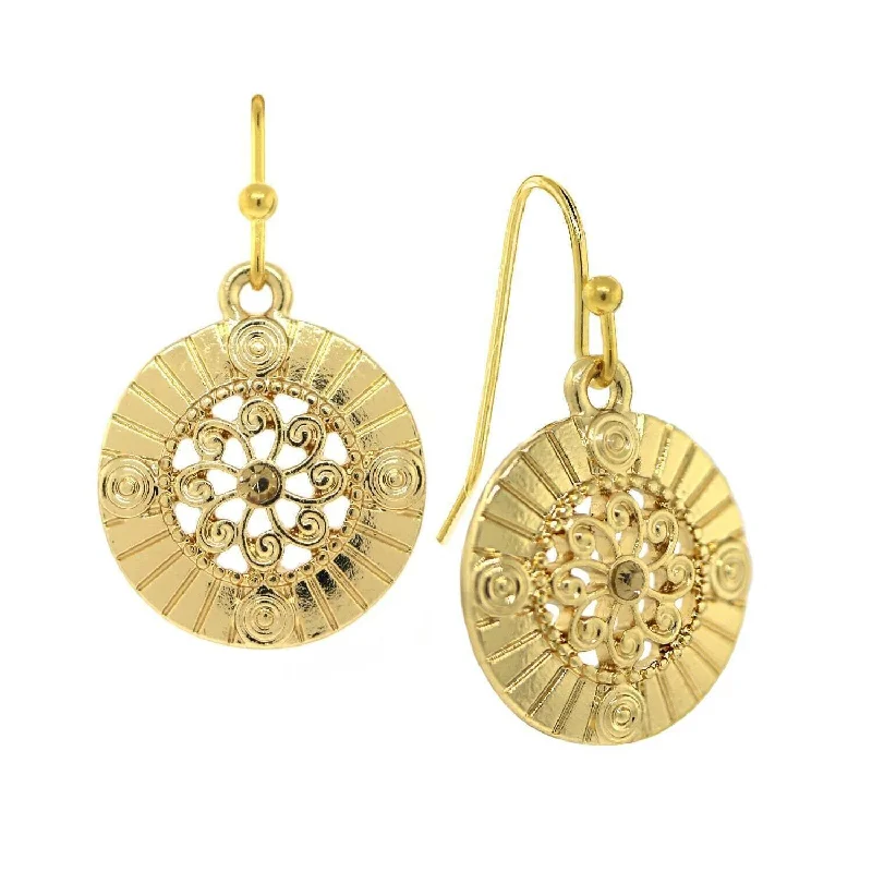 1928 Jewelry Round Disk Swirly Filigree Crystal Drop Earrings