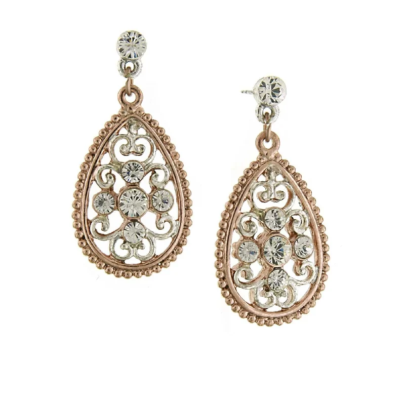 1928 Jewelry Silver & Rose Gold Tone Filigree Crystal Post Drop Earrings