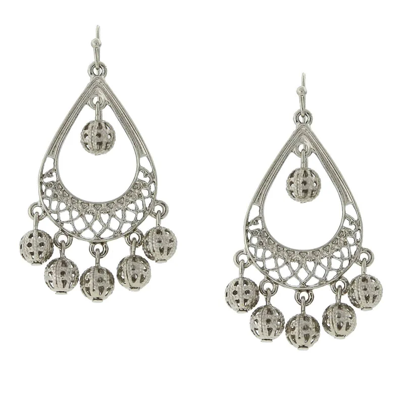 2028 Jewelry Silver Round Filigree Puff Ball Drops Teardrop Earrings