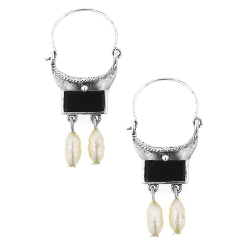 Antiquities Couture Venice Gondola Black Onyx Gemstone And Faux Pearl Hoop Drop Earrings