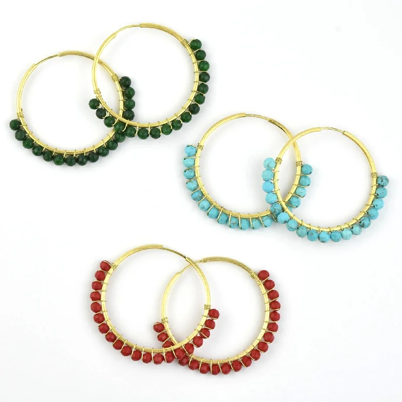 Beaded Hoop Earrings in Gold Tone