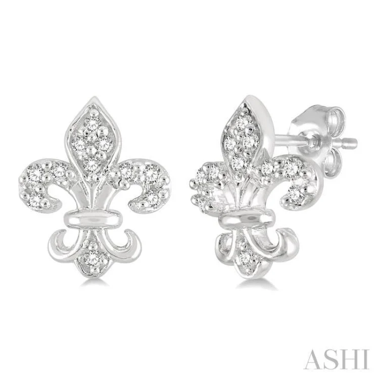 1/20 Ctw Fleur De Lis Round Cut Diamond Petite Earring in 10K White Gold