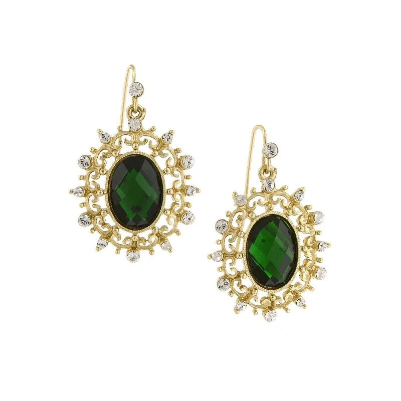 2028 Jewelry Green Stone And Crystal Oval Drop Earrings