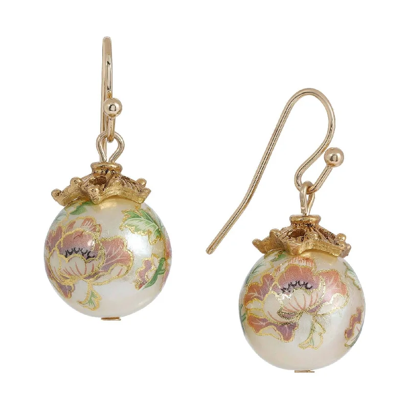 1928 Jewelry Floral Faux Pearl Decal Wire Drop Earrings