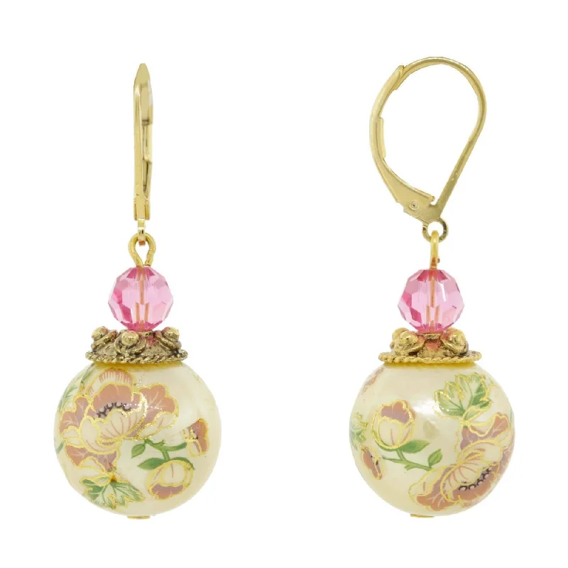 1928 Jewelry Flower Decal Faux Pearl With Pink Crystal Drop Earrings