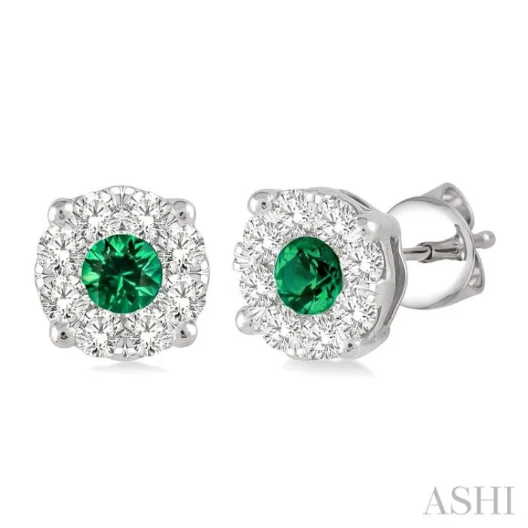 3.3mm Round Cut Emerald and 1/2 Ctw Lovebright Diamond Precious Earrings in 14K White Gold