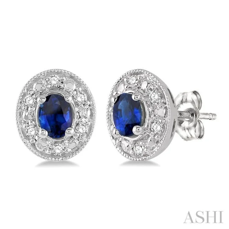 4x3 MM Oval Shaped Sapphire and 1/10 Ctw Single Cut Diamond Earrings in 14K White Gold