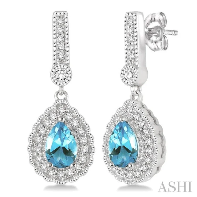 6x4 MM Pear Shape Aquamarine and 1/4 Ctw Round Cut Diamond Earrings in 14K White Gold