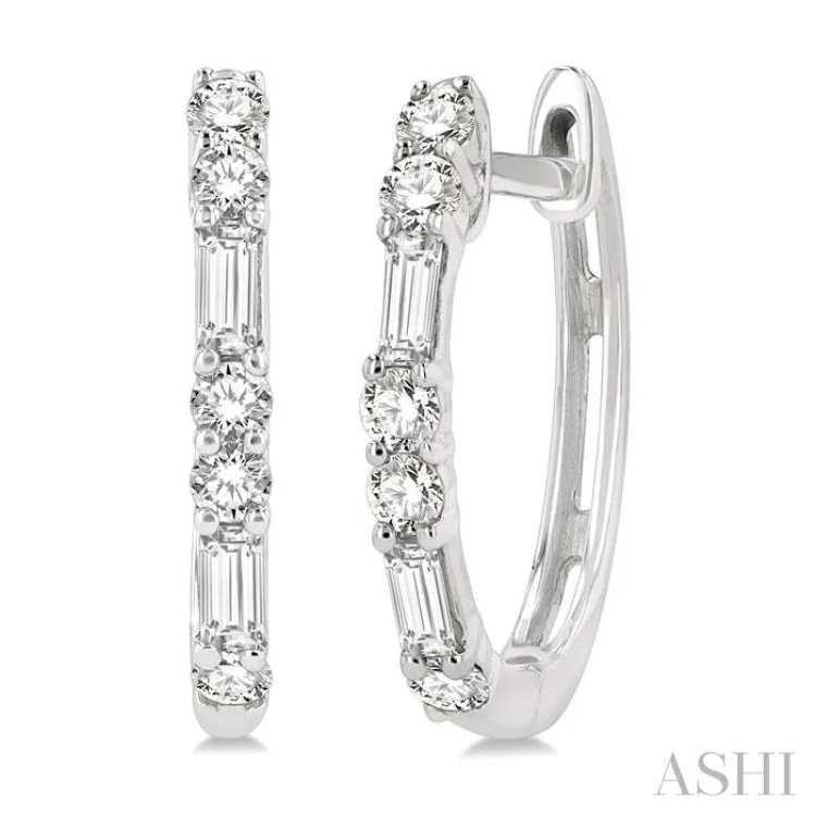 1/3 ctw Baguette and Single Cut Diamond Petite Huggies in 14K White Gold