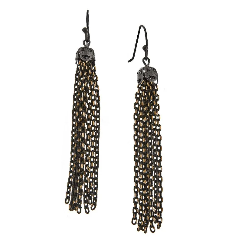 1928 Jewelry Eclipse Black And Gold Medium Chain Tassel Drop Earrings