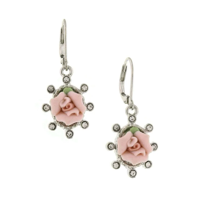 1928 Jewelry Pink Porcelain Rose And Round Crystal Drop Earrings