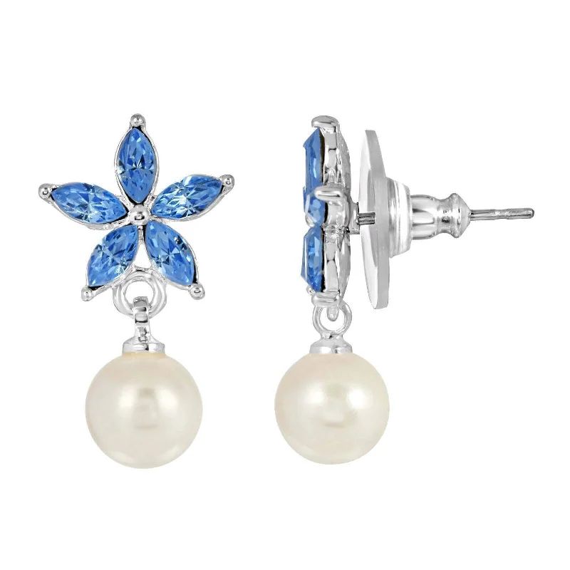 1928 Jewelry Light Blue Crystal and Faux Pearl Flower Drop Earrings