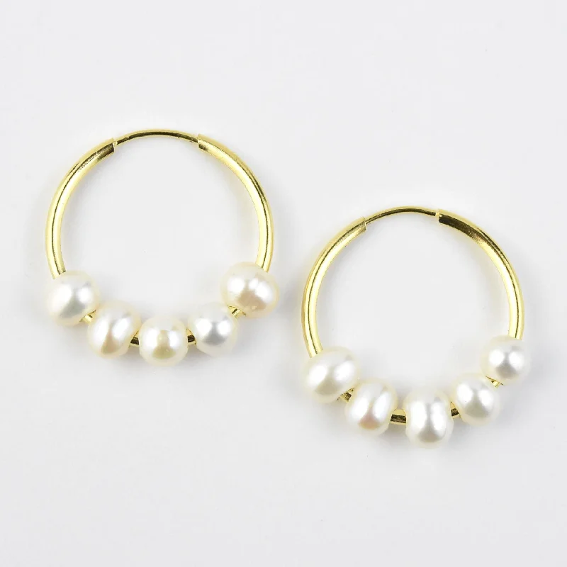 Small Pearl Hoop Earrings in Gold Tone