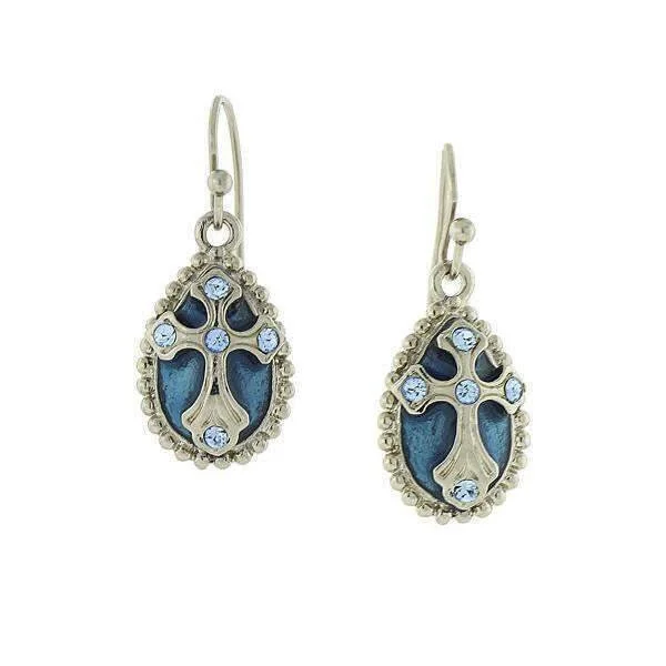 Symbols Of Faith Blue Enamel Crystal Cross Teardrop Earrings