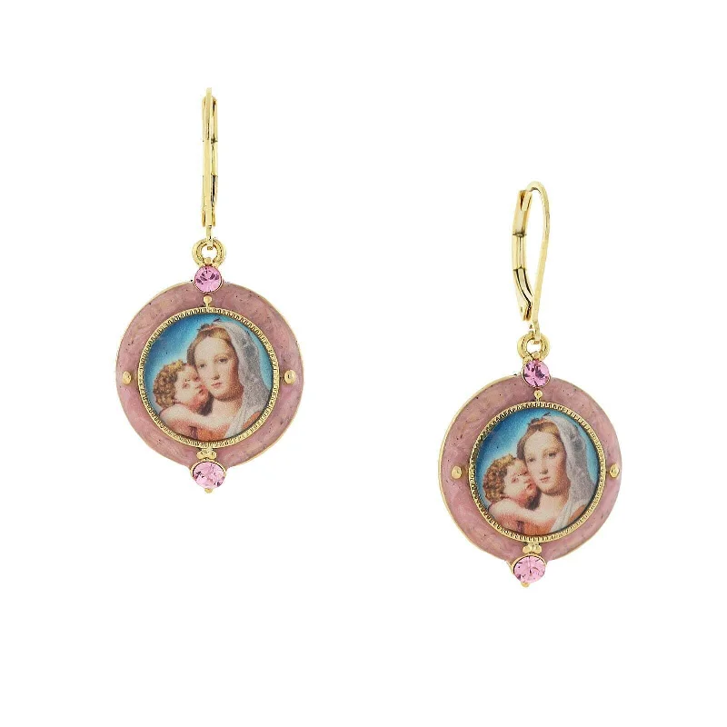 Symbols Of Faith Hand Enamel Crystal Mary And Child Decal Drop Earrings