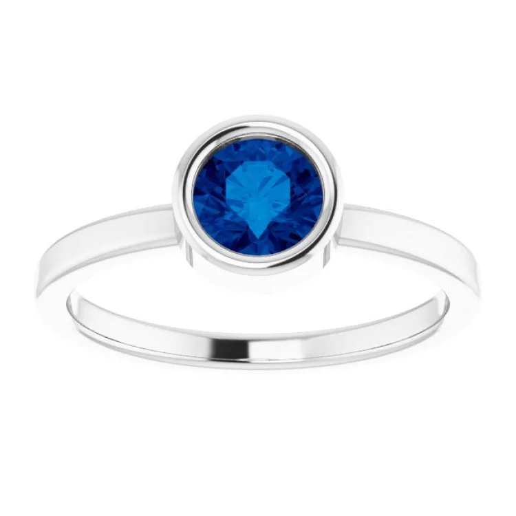 14K White 5.5 mm Natural Blue Sapphire Ring