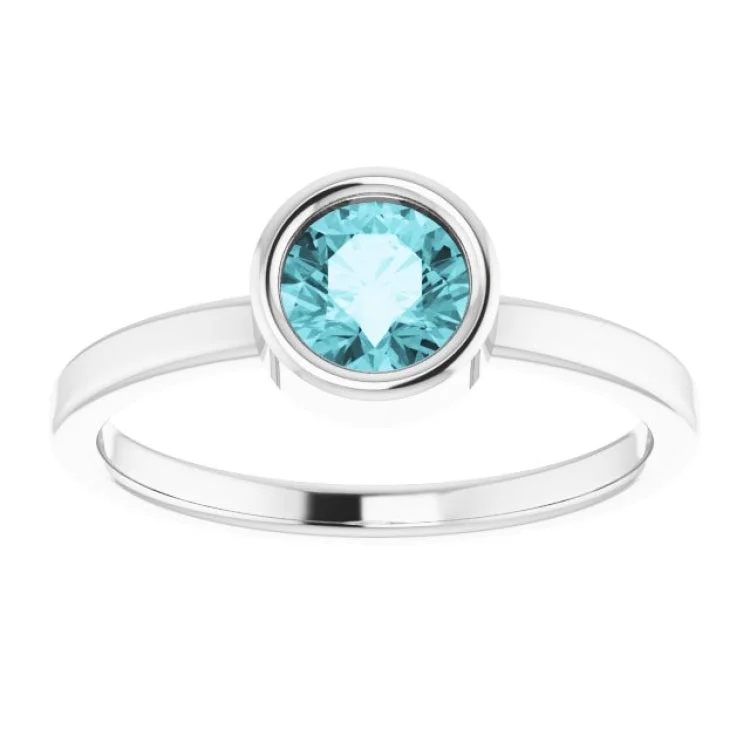 14K White 5.5 mm Natural Blue Zircon Ring