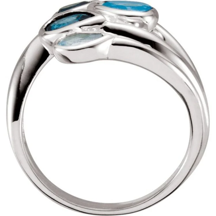 Sterling Silver Natural Sky Blue Topaz, London Blue & Natural Swiss Blue Bypass Ring