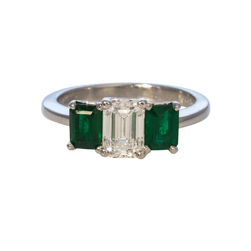 1.13ctw Emerald-Cut Diamond & Emerald Three-Stone Platinum Ring