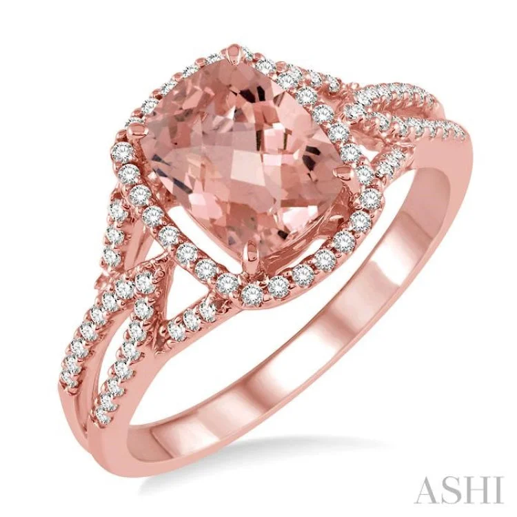 1/4 Ctw Round Cut Diamond and 8x6mm Cushion Cut Morganite Semi Precious Ring in 14K Rose Gold