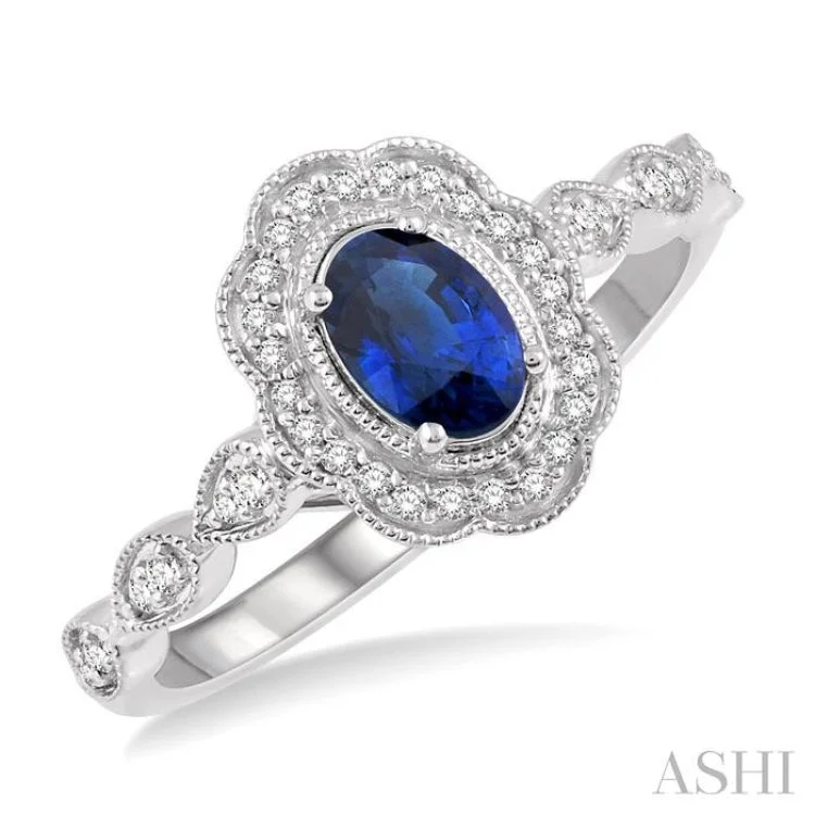 1/6 Ctw Oval Shape 6x4mm Sapphire & Round Cut Diamond Precious Ring in 10K White Gold