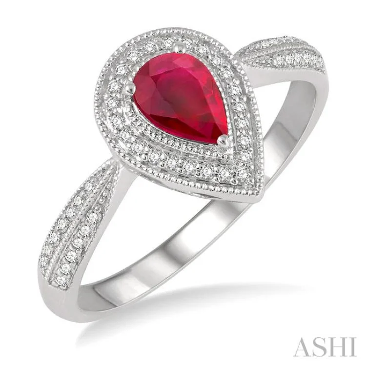 1/10 ctw Pointed Shank 6X4MM Pear Cut Ruby & Round Cut Diamond Precious Ring in 10K White Gold