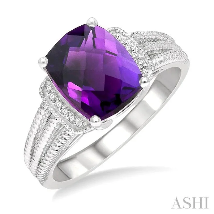 1/20 ctw Round Cut Diamond & 10x8MM Cushion Cut Amethyst Semi Precious Ring in Sterling Silver