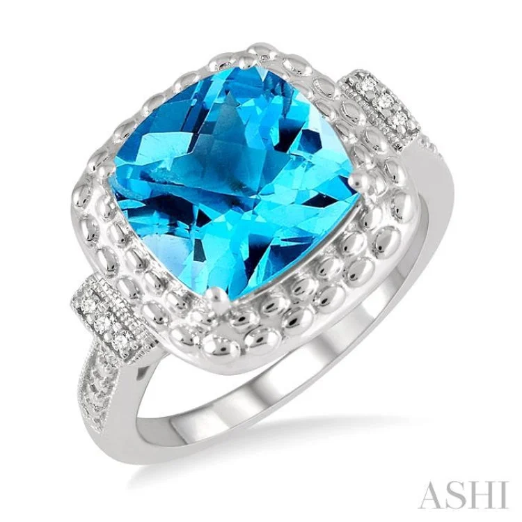 1/50 ctw Round Cut Diamond & 10x10MM Cushion Cut Blue Topaz Semi Precious Ring in Sterling Silver