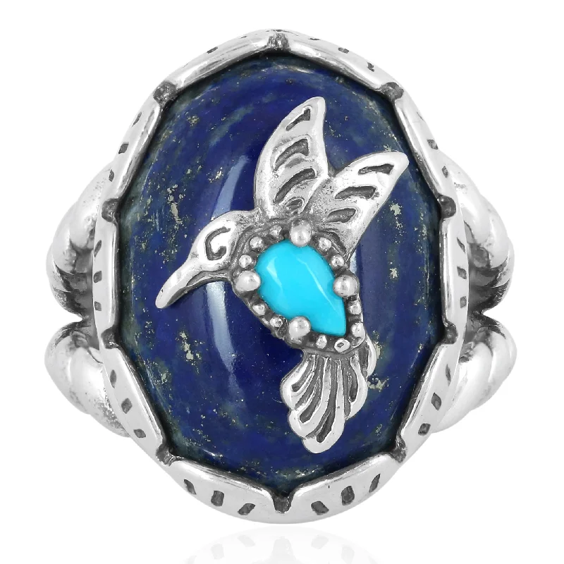 Sterling Silver Blue Turquoise and Lapis Gemstone Hummingbird Ring, Size 5 to 10