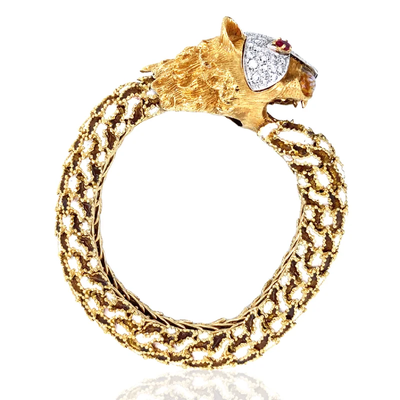 1970s 18KT Yellow Gold Diamond, Enamel & Ruby Panther Bracelet