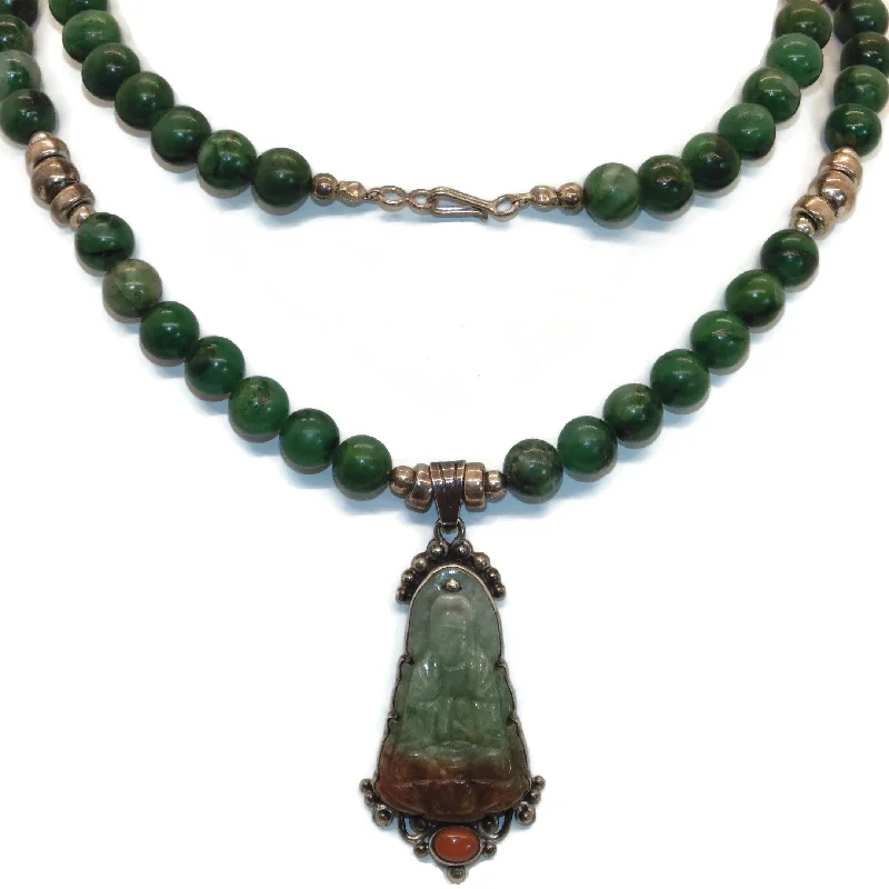 Estate Jade Carved Buddha Pendant and Beaded Necklace in Sterling Silver