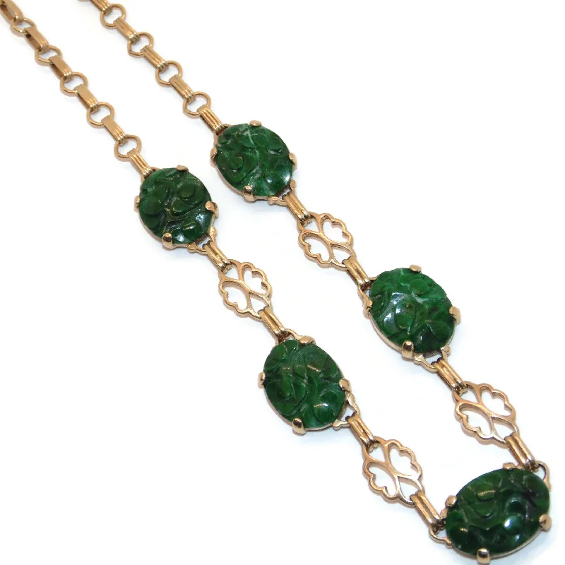 Vintage Jade Carved Floral Front Necklace in 14k Yellow Gold