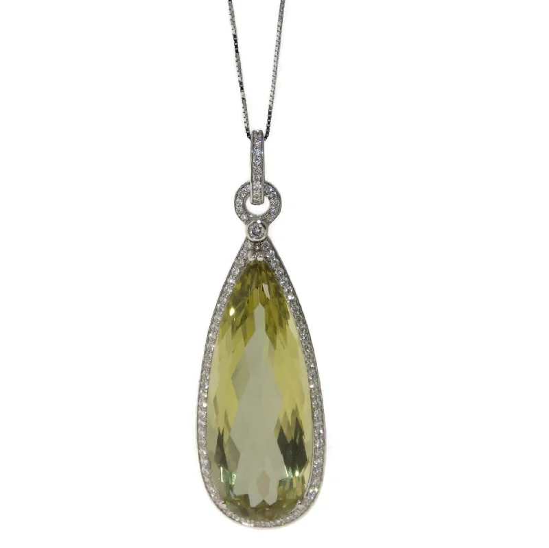 Custom-Made Pear Shape Lemon Quartz and Diamond Halo Pendant in 14k White Gold