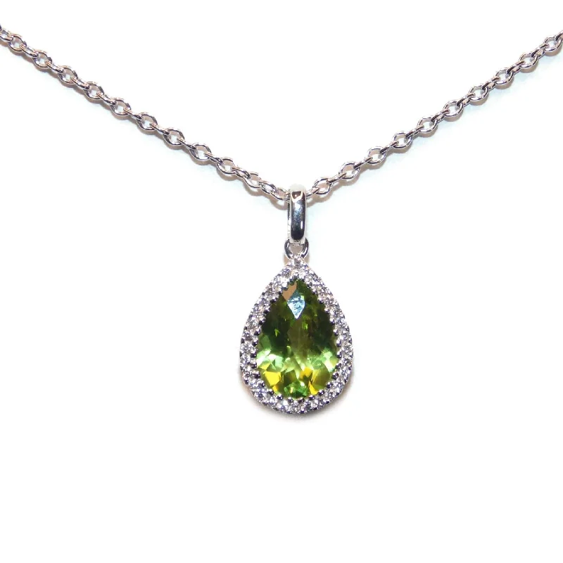 Custom-Made Pear Shape Peridot Pendant with Diamond Halo in 14k White Gold