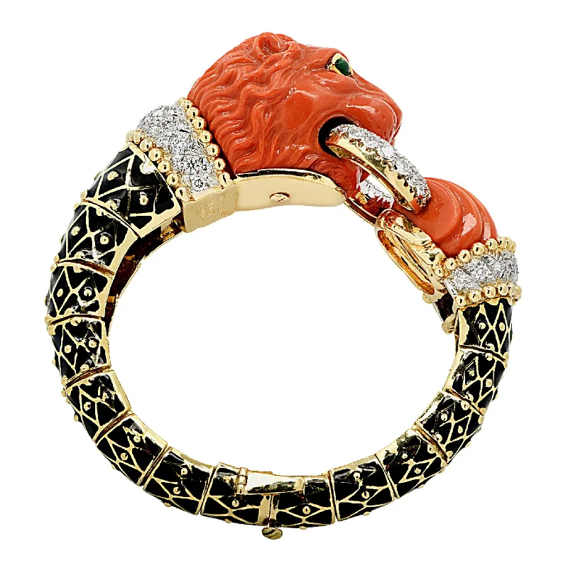 David Webb Post-1980s 18KT Yellow Gold Coral, Diamond, Emerald & Enamel Lion Bracelet