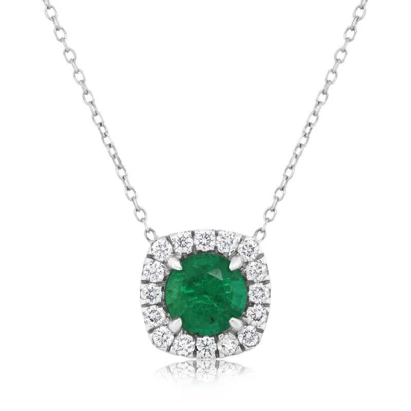 Emerald & Diamond Halo Pendant Necklace