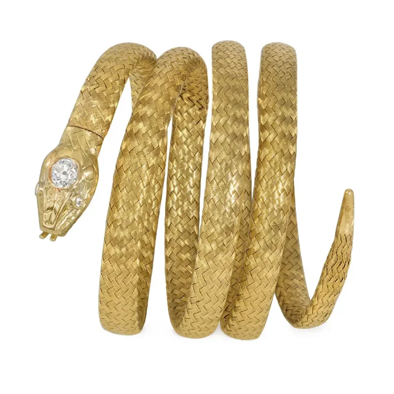 French Antique 18KT Yellow Gold Diamond Snake Bracelet