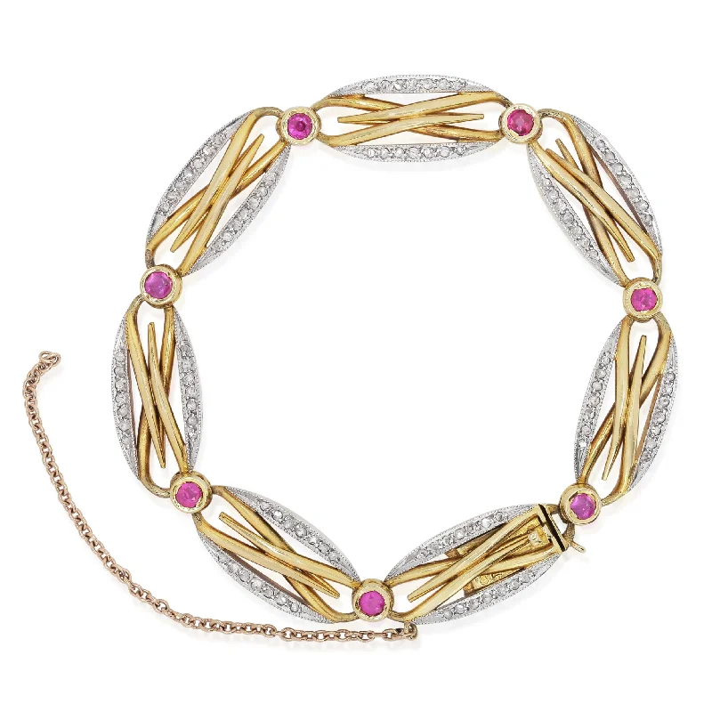 French Edwardian Platinum & 18KT Yellow Gold Diamond & Ruby Bracelet