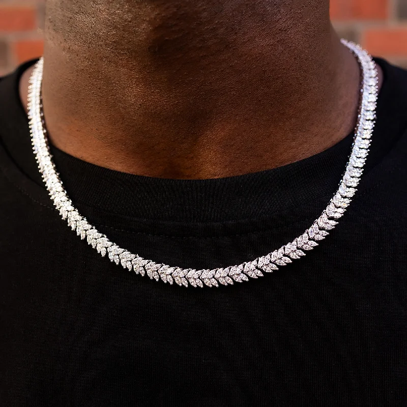 Iced Herringbone Chain in White Gold-7MM