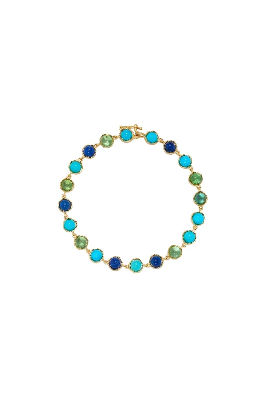 Irene Neuwirth Classic 18k Yellow Gold 7" Bracelet set with 5mm Cabochon Green Tourmaline, Turquoise and Lapis