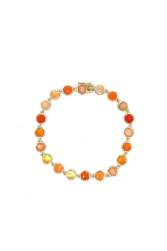 Irene Neuwirth Classic 18k Yellow Gold Bracelet set with 5mm Rose Cut and Cabochon Peach Moonstone, Fire Opal, and Carnelian