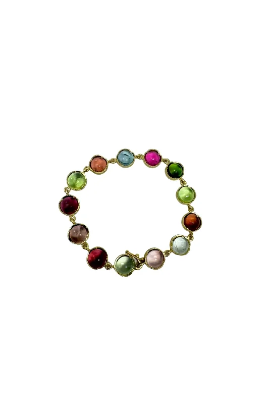 Irene Neuwirth Classic One of A Kind 18K Yellow Gold 7" Bracelet Crimped Bezel Set w/ 8mm Mixed Tourmaline Cabochons