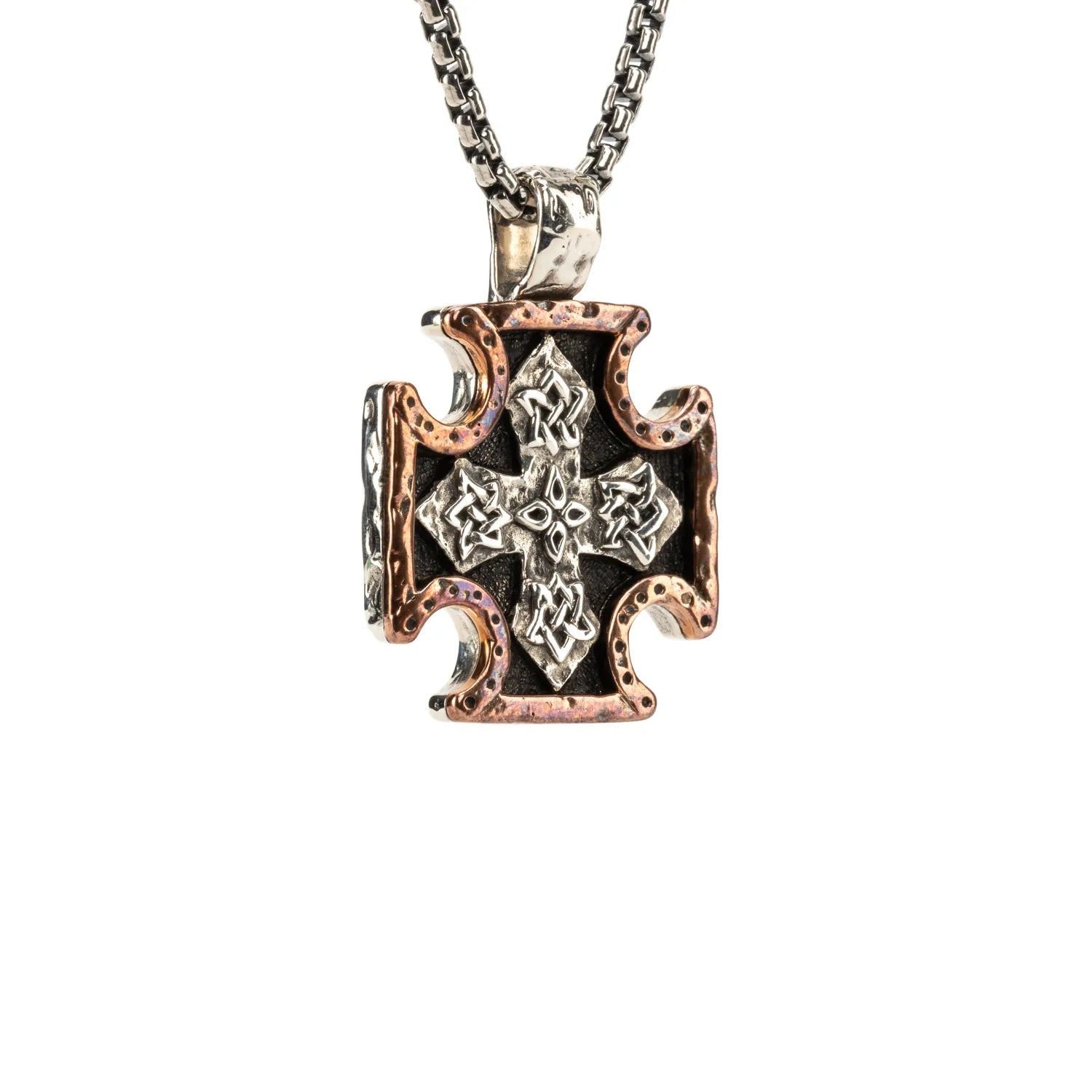 Keith Jack Sterling Silver Oxidized + Bronze Medium Biker Cross Pendant (Four points of honour, four horseshoes for luck)