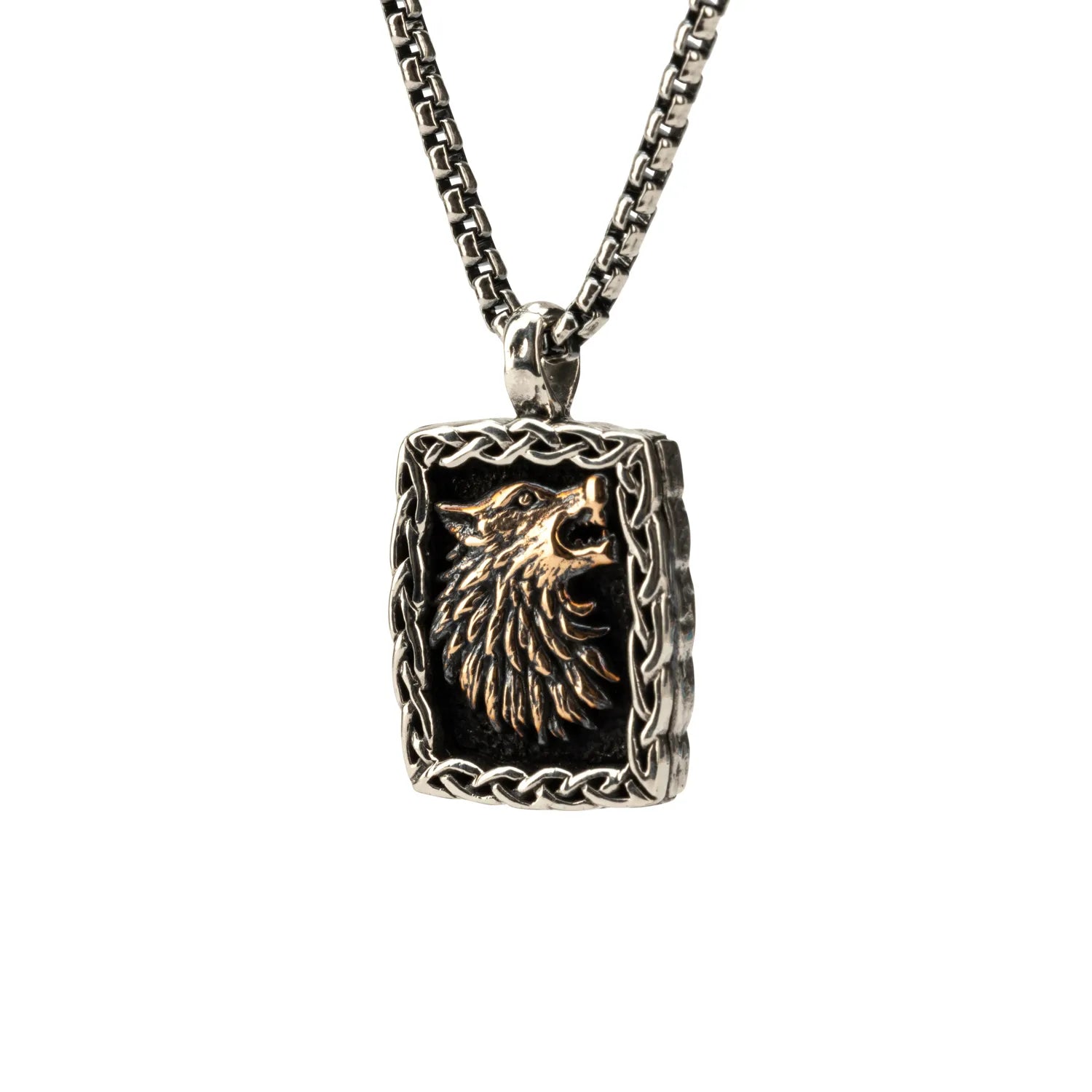 Keith Jack Sterling Silver Oxidized + Bronze Medium Wolf Pendant (Loyalty and Courage)